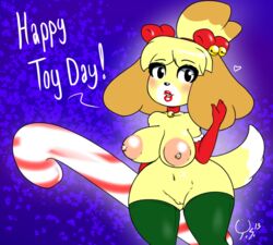 alternate_breast_size animal_crossing anthro areola bedroom_eyes big_areola big_breasts breasts canine christmas clothing female fur gloves half-closed_eyes holidays huge_areolae isabelle_(animal_crossing) legwear mammal nintendo nude seductive solo stockings theyands thong video_games white_sclera yellow_fur