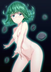 1girls black_background blue_eyes breasts female female_only floating_rock green_hair human kai_(link2262) nipples nude one-punch_man pussy short_hair simple_background solo tatsumaki uncensored