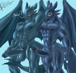 anthro anthrofied balls big_penis blue_background dark-moltres dragon how_to_train_your_dragon humanoid_penis long_penis looking_at_viewer male male_only muscular night_fury penis simple_background smile standing text uncut wings