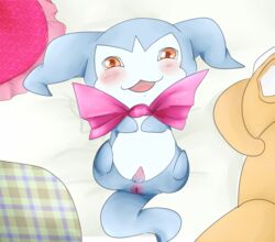 anus baby baby_digimon blush bow chibimon cupcakedoragon demiveemon digimon digimon_(species) erection looking_at_viewer lying male male_only nude on_back open_mouth penis solo tapering_penis