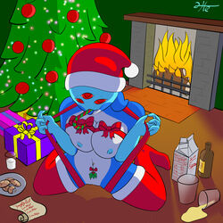 2015 alcohol alien amphibian anthro areola beverage blue_skin bondage breasts candy candy_cane christmas christmas_tree clothing cookie eggnog female fire fireplace fish food gift hat helium2 holidays hylotl legwear looking_at_viewer marine milk mistletoe naughty navel nipples nude plant presenting presenting_breasts pussy red_eyes ribbons santa_hat smile solo starbound stockings tongue tongue_out tree video_games