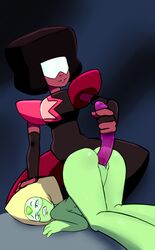 2girls afro alien arttmadness ass ass_up cartoon_network dildo duo eyewear female female_only femdom garnet_(steven_universe) gem_(species) gem_fusion multiple_girls nude peridot_(steven_universe) pussy sex simple_background size_difference steven_universe vaginal_penetration visor yuri