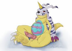 animal_genitalia anthro balls barefoot blush canine_penis digimon dreiker erection gabumon horn knot looking_at_viewer male male_only overweight pelt penis precum scalie sheath signature sitting solo