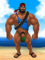 1boy 2015 abs bandolier bara beard beefy black_hair boom_beach brown_eyes bulge bullets dick_root facial_hair headband headingsouth heavy_(boom_beach) human male male_nipples male_only male_pubic_hair male_thong masculine mature_male muscle muscles muscular_male mustache nipple_piercing nipple_rings partially_exposed_penis pecs penis_outline piercing pubes sandals small_shirt smooth_skinned_male solo tagme tank_top underwear veiny_penis