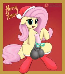 2015 animal_genitalia animated augustbebel balls christmas clothing dickgirl english_text equine erection fluttershy_(mlp) friendship_is_magic hair hat holidays horse horsecock intersex legwear looking_at_viewer mammal my_little_pony non-anthro open_mouth penis pink_hair pony santa_hat smile solo straight_hair text