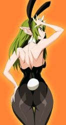 1girls 3am ass back back_muscles back_view backboob bunny_ears bunny_tail bunnysuit cavewoman exposed_back fangs green_hair hand_on_hip horns indie_virtual_youtuber long_hair looking_at_viewer looking_back meat_(vtuber) pointy_ears pose solo virtual_youtuber yev-san