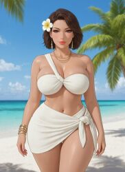 ai_generated bandeau bangle beach belly_button bikini_strap brown_hair brunette_female brunette_hair bursting_breasts child_bearing_hips earrings female flower_in_hair grok large_breasts milf necklace ocean ocean_background one_leg_forward palm_leaf palm_tree rgomez007 ring ring_on_finger sarong short_hair skindentation sky smile solo_female stable_diffusion standing thick_lips thick_thighs tied_clothing tropical_setting white_clothing wide_hips