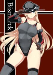 ass_visible_through_thighs bare_shoulders bismarck_(kantai_collection) blonde_hair blue_eyes collarbone contrapposto elbow_gloves female gloves halcon hand_on_hip harukon_(halcon) hat highres kantai_collection long_hair smile solo swimsuit thighhighs tsurime very_long_hair