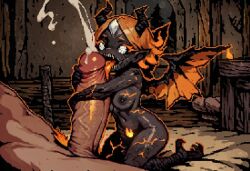1boy 1girls afrit ai_generated black_sclera black_skin breasts claws cracked_body cracked_skin cracks cracks_in_body crystal crystal_horn cum cumdrip demon demon_girl ejaculation fellatio female fire_elemental fire_girl fire_hair fire_pubes flaming_hair gem gem_eyes hand_on_penis horns hugging hugging_penis ifrit imp ingrid_(paigen) large_breasts licking licking_penis male minigirl monster_girl nipples on_fire oral orange_hair orange_tongue original original_character paigen pixel_art pointy_ears pubes pussy red_hair sharp_nails sharp_teeth sharp_toenails short_hair small_female talons tiny_female two-tone_hair white_eyes wings