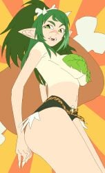 1girls 3am bone_hair_ornament cavewoman fangs green_hair horns indie_virtual_youtuber jean_shorts looking_at_viewer meat_(vtuber) ponytail shorts sideboob solo tanline topless tubetop underboob virtual_youtuber yev-san