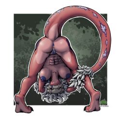 anthro anus ass ass_up big_breasts bite_mark black_sclera bone breasts female geckone genitals grey_hair hair hands_behind_head head_between_legs hi_res looking_at_viewer markings marrow_(geckone) monster nipples presenting presenting_anus presenting_hindquarters purple_nipples raised_tail red_body scar seductive skull skull_head solo spiky_hair tail tail_tuft tongue tongue_out tuft unknown_species upside-down vulva yellow_eyes