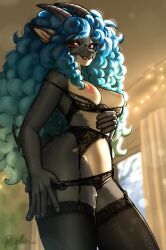 absurd_res anthro areola black_body black_fur blue_hair bovid bra breasts caprine clothing countershading curly_hair ewe exposed_breasts eyewear female fur garter_straps genitals glasses hair hi_res horizontal_pupils horn lace_bra lace_panties leggings legwear lingerie mammal multicolored_body multicolored_fur nipples panties pizhma pupils red_eyes serenity_(laggyb0i) sheep sheep_ears solo stockings tongue tongue_out translucent translucent_clothing underwear vulva wearing_glasses white_body white_fur