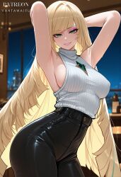 aether_foundation ai_generated alternate_costume armpits arms_behind_head arms_up artist_name bangs bare_shoulders black_pants blonde_hair blurry_background bottle breasts clothing covered_nipples cowboy_shot diagonal_bangs female female_only green_eyes green_gemstone grin high-waist_pants indoors jewelry large_breasts leather_pants long_hair looking_at_viewer lusamine lusamine_(pokemon) mature_female night pants parted_lips patreon_username pokemon presenting_armpit sideboob sleeveless sleeveless_shirt sleeveless_sweater sleeveless_turtleneck smile solo sweater thighs tight_clothes tight_pants turtleneck turtleneck_sweater vantawaifu very_long_hair white_sweater window