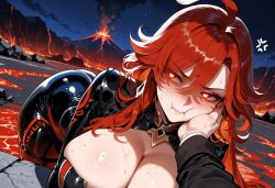 1boy 1girls :t ahoge ai_generated anger_vein angry ass bangs bent_over blush bodysuit breasts cheek_pinching cheek_squash cleavage cleavage_cutout closed_mouth clothing clothing_cutout curvaceous curvaceous_female curvaceous_figure curvy curvy_figure female female_focus fire genshin_impact hair_between_eyes hand_on_another's_cheek hand_on_another's_face heart-shaped_pupils huge_breasts large_breasts latex lava long_hair long_sleeves looking_at_viewer male mavuika_(genshin_impact) miyuai mountain night night_sky out_of_frame outdoors pinching pout pov_hands presenting_breasts presenting_self red_eyes red_hair sky slap_mark solo_focus sweat symbol-shaped_pupils very_long_hair volcano voluptuous voluptuous_female wet wide_hips