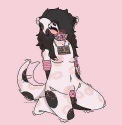 anthro arms_tied ashblondekittyy balls bite_mark bite_mark_on_arm bite_mark_on_breast bite_mark_on_butt bite_mark_on_chest bite_mark_on_leg bite_mark_on_neck bite_mark_on_tail bite_mark_on_thigh bite_marks_all_over black_body black_fur black_hair bondage bound breasts canid canine canis chastity_cage chastity_device cindy_(ashblondekitty) closed_eyes dalmatian domestic_dog eyebrow_piercing facial_piercing floppy_ears free_use fur genitals hair hands_behind_back long_hair mammal markings masochism muzzle_(object) navel nipples piercing restraints rope rope_bondage shaking sign solo spots spotted_body spotted_fur tail tail_motion tailwag trans_(lore) trans_woman_(lore) trembling white_body white_fur