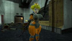 1girls 3d 3d_(artwork) alternate_version_available big_breasts big_thighs blonde_hair blue_eyes bodysuit breasts cosplay crossover_cosplay crown curvy earrings female female_only guns half-closed_eyes hev_suit holding_gun kabalmystic_(style) light-skinned_female light_skin lips lipstick mad mario_(series) nintendo nipples pink_lipstick ponytail princess_peach serious solo thhypercombine12 thick thick_hips thick_thighs thighs tied_hair wide_hips
