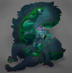 absurd_res anthro bodily_fluids burping_in_face claws closed_eyes coiling duo eyeliner face_lick fangs female glistening glistening_body green_body helenamite hi_res hot_breath imminent_vore licking machine makeup male male/female maralumachix oral_vore pawpads pheromones protogen qaxi saliva saliva_on_face saliva_string size_difference slime sweat tail_grapple teeth toe_claws tongue vore