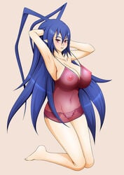 barefoot blue_hair blush breasts disgaea disgaea_d2 female kneeling laharl laharl-chan lalox large_breasts long_hair looking_at_viewer lowleg lowleg_panties navel nightgown nipples nippon_ichi_software panties pose red_eyes rule_63 see-through underwear very_long_hair white_panties