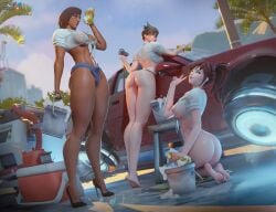 3d 3girls big_ass big_breasts big_thighs blizzard_entertainment car car_wash car_washing d.va hasfeldt overwatch overwatch_2 pharah soap soap_bubbles sponge tracer