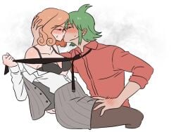 1boy 1girls ahoge blush blush_lines danganronpa danganronpa_another fanganronpa female french_kiss green_eyes kissing makeout male male/female mekaru_rei orange_hair otori_teruya pulling_clothing pulling_tie shirt_unbuttoned super_danganronpa_another_2 sweat sweatdrop sweating white_hair