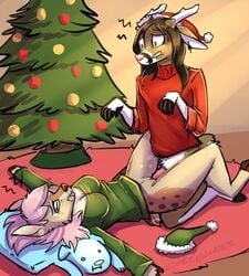 2015 anthro antlers awkward bottomless breasts brown_fur brown_nose cervine christmas christmas_tree cleavage clothed clothed_sex clothes combatraccoon deer drunk duo erection facial_markings female fur green_eyes hair half-dressed hat hi_res holidays horn jewelry kneeling lying male mammal markings multicolored_fur on_back one_eye_closed penetration penis pillow pink_hair pink_nose pink_penis pussy remington_cromwell rose_(enormouse) santa_hat sex spots spread_arms straight sweat sweater tan_fur teeth tongue tongue_out tree vaginal_penetration water_deer white_sclera