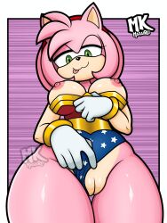 accessory amy_rose anthro bracelet breasts clothing clothing_aside cosplay crossover crossover_cosplay dc_comics eulipotyphlan genitals gloves green_eyes hair_accessory hairband handwear hedgehog hi_res jewelry magai_rei mammal narrowed_eyes nipples pink_body pink_nipples sega smile smirk sonic_(series) sonic_the_hedgehog_(series) tan_body tan_skin thick_thighs tongue tongue_out underwear underwear_aside vulva wonder_woman_(cosplay)