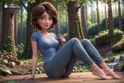 1girls ai_generated arm_support artist_name aunt aunt_cass barefoot big_hero_6 blue_pants blue_shirt blurry bracelet breasts brown_hair cass_hamada closed_mouth collarbone covered_nipples day denim disney feet female forest full_body green_eyes hi_res jeans jewelry lips log looking_at_viewer marvel medium_breasts milf nail_polish nature necklace no_panties nose outdoors pants parted_bangs plant pussy r34arts shirt short_hair short_sleeves sitting smile solo t-shirt toenail_polish toenails toes torn_clothes torn_jeans torn_pants tree uncensored