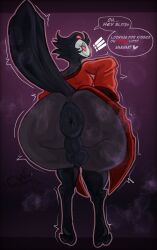 2026 anthro anus ass avian backsack balls big_butt bird bodily_fluids bottomless cartoonwizzard clothed clothing demon dialogue english_text exclamation_point eyeshadow feathers genitals hair hellaverse helluva_boss hi_res looking_back makeup male owl owl_demon perineum presenting presenting_hindquarters puffy_anus red_eyes robe simple_background smile solo speech_bubble stolas_(helluva_boss) tail text topwear topwear_only