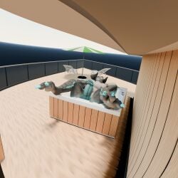 3d 3d_(artwork) absurd_res anthro blue_body building claws closed_eyes deathclaw digital_media_(artwork) f3nrisulfr fallout genitals grey_body hi_res horn hot_tub house humanoid_genitalia humanoid_penis male masturbation microsoft navel nipples paws penis relaxing scalie solo teeth water