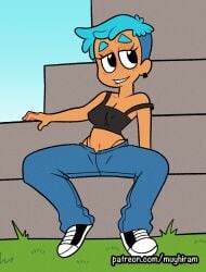 bench big_hips biting_lip black_eyes bleachers blue_hair blush blush_lines bra_slip bra_strap breasts breasts_out demon_and_mess ear_piercing fani_(muyhiram) female_only full_body grass half-dressed looking_away muyhiram naked nipple_bulge panties pants_down pubes pussy short_hair sitting thighs