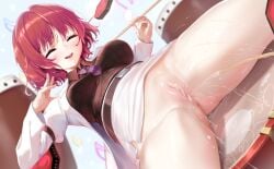 absurdres bar_censor black_shirt breasts censored cleft_of_venus closed_eyes clothes_lift collared_shirt commentary_request commission drum drumsticks dutch_angle female highres horikawa_raiko instrument jacket looking_at_viewer medium_breasts miniskirt mitsudomoe_(shape) necktie nironiro one_eye_closed open_mouth pencil_skirt pixiv_commission purple_necktie pussy pussy_juice red_eyes red_hair shirt short_hair skirt skirt_lift smile spread_legs taiko_drum tomoe_(symbol) touhou white_jacket white_skirt
