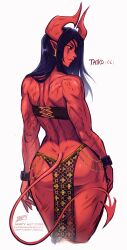 1girls artist_name ass back back_muscles back_view bare_shoulders black_hair black_sclera bluesky_username chains character_name colored_skin curvy curvy_female demon demon_girl demon_horns demon_tail demoness earrings eyepatch fangs female glowing_eyes gold_chain gold_earrings gold_jewelry hi_res horns iahfy loincloth long_hair looking_at_viewer looking_back muscles muscular muscular_arms muscular_female muscular_thighs oc original original_character patreon_username pelvic_curtain pointy_ears red_body red_skin red_skinned_female scar scars signature simple_background smiling_at_viewer smirk smirking taiko_(iahfy) tall_female taller_female url white_background yellow_eyes