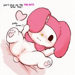 1:1 2026 4chan_anon anthro anus blush blush_lines butt butt_from_the_front colored digital_drawing_(artwork) digital_media_(artwork) dot_eyes dutch_angle embarrassed english_text female female_anthro floppy_ears front_view full-length_portrait genitals heart_symbol highlighted_text holding_both_ears hood imminent_sex lagomorph legs_up leporid low-angle_view lying mammal monotone_body my_melody on_back on_bedding one_eye_obstructed onegai_my_melody pawpads pink_hood pink_pawpads plantigrade_pawpads portrait rabbit sanrio shaded short_tail simple_background simple_eyes solo spread_legs spreading tail talking_to_viewer text unknown_artist vulva white_background white_body yellow_nose