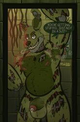 animatronic anthro armpit_hair balls bedroom_eyes belly bodily_fluids body_hair dialogue digital_drawing_(artwork) digital_media_(artwork) five_nights_at_freddy's five_nights_at_freddy's_3 flaccid floofyblitz foreskin genital_fluids genitals hi_res lagomorph leporid looking_at_viewer machine male mammal musk musk_cloud musky_armpit musky_penis narrowed_eyes nipples penis precum rabbit robot scottgames seductive smile smiling_at_viewer solo springtrap_(fnaf)