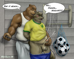 anthro anthro_on_anthro ball balls bear blackburn bondage bound clothed clothes coach cum cum_on_hand cumshot dialog duo english_text erection football foreskin foreskin_folds furry grope handjob humanoid_penis interspecies male mammal navel nipples open_mouth orgasm orgasm_face pants pants_down penis raccoon rope roque sex slightly_chubby soccer soccer_ball sport standing text uncircumcised uncut yaoi