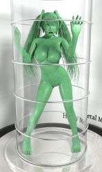 1girls 2015 3d 3d_(artwork) asfr breasts bronze_(metal) darkan-kana display female_only green_body green_metal hands_against_glass league_of_legends metallic_body museum naked naked_female open_mouth petrification solo sona_(league_of_legends) statue tube twintails