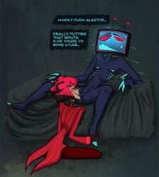 2boys alastor_(hazbin_hotel) animal_ears antlers aurumolai balls black_hair blue_nipples blue_skin blush claws clothed dark-skinned_male dark_skin english english_text eyes_rolling_back gay gills grabbing grey_background hazbin_hotel hypnosis hypnotic_eyes kneeling kneeling_oral_position moaning muscular naked nipples nude on_bed on_knees oral oral_penetration oral_sex penile_penetration penis red_eyes red_hair saliva saliva_on_penis sharp_teeth shivering simple_background square_nipples sucking sucking_penis sweat sweatdrop trembling tv_head vox_(hazbin_hotel) yaoi