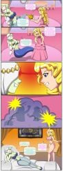absurdres big_breasts blonde_hair breast_expansion breasts comic crown dancer dancer_girl dancing dlobo777 dress elf_ears female_only femdom genie green_skin happy_trance harem harem_girl harem_outfit hypnosis ivory_(swankypajamas) jewelry large_breasts need_this_myself original princess princess_caelia_(kachopper9) text