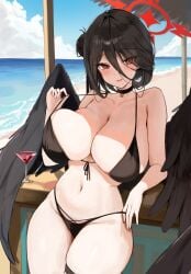 1girls absurdres bikini black_bikini black_choker black_hair black_wings blue_archive blue_sky blush breasts choker cleavage cloud cloudy_sky commentary_request day feathered_wings female female_only front-tie_bikini_top front-tie_top hair_between_eyes hair_bun halo hasumi_(blue_archive) hasumi_(swimsuit)_(blue_archive) highres huge_breasts justice_task_force_(blue_archive) light-skinned_female light_skin long_hair long_hair_between_eyes looking_at_viewer low_wings official_alternate_costume official_alternate_hairstyle outdoors oversized_wings ponya_0000 red_eyes red_halo single_hair_bun single_side_bun skindentation sky solo swimsuit thigh_strap thighs trinity_general_school_student very_long_hair wings