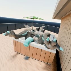 3d 3d_(artwork) absurd_res animal_genitalia animal_penis anthro blue_body bodily_fluids building claws closed_eyes cum deathclaw digital_media_(artwork) equine_genitalia equine_penis f3nrisulfr fallout genital_fluids genitals grey_body hi_res horn hot_tub house male microsoft navel nipples paws penis relaxing scalie solo teeth water