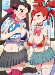 2girls alternate_breast_size amrbatafri big_breasts bimbo blush bow bowtie bra breasts brown_hair busty busty_female choker colored curvy curvy_female embarrassed flannery_(pokemon) gyaru gyarufied hair_ornament hallway hand_on_ass hand_under_skirt huge_breasts large_breasts leggings midriff midriff_baring_shirt navel nervous pink_eyes pokemon pokemon_oras pokemon_rse ponytail red_eyes red_hair roxanne_(pokemon) school school_uniform schoolgirl short_skirt skirt skirt_lift smile smiling sweat sweatdrop tagme teasing thong_straps tied_shirt twintails yuri