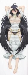 1girls ai_generated albedo_(overlord) arms_up black_hair blush breasts dakimakura dress female full_body hi_res high_resolution highres horn lying lying_on_back naughty_face nipples overlord_(maruyama) patreon sleeplessnighty solo solo_focus succubus tagme watermark wings yellow_eyes