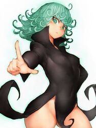 1girls cameltoe covered_navel curly_hair erect_nipples erect_nipples_under_clothes female female_only fumio_(rsqkr) green_eyes green_hair human long_hair no_panties one-punch_man pointing small_breasts solo tatsumaki thighs