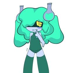 cute embarrassed flasque flat_chest gijinka green_hair monster_girl my_singing_monsters slime_girl swimsuit tr3ebranch wet_clothes wet_pussy yellow_sclera