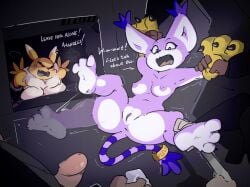 2026 accessory anthro anus bandai_namco big_breasts black_sclera blue_eyes blush bodily_fluids bondage bound breast_squish breasts canid canine captured clothing dialogue digimon digimon_(species) duo_focus ear_piercing ear_ring english_text felid feline female female_focus fur furgonomics gatomon genitals gloves gloves_only group handwear handwear_only hi_res human imminent_rape imminent_sex jewelry limb_slot male male/female mammal mostly_nude nipples nude nude_anthro nude_female penis piercing questionable_consent renamon restrained ring ring_piercing squish story story_in_description struggling sweat tail tail_accessory tail_jewelry tail_ring text vulva white_body white_fur yellow_body yellow_fur zinnick