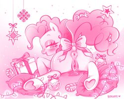 5:4 absurd_res animal_genitalia ass blush bodily_fluids boxwife candy candy_cane christmas curly_hair dessert digital_media_(artwork) equid equine female feral food friendship_is_magic genital_fluids genitals gift hair hasbro hi_res holidays horse looking_at_viewer mammal my_little_pony nude open_mouth ornament pink_hair pinkie_pie_(mlp) pony presenting simple_background smile solo string_lights tail vulva