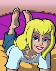 1girls 20th_century_fox 20th_century_studios adult_swim american_dad araghenxd barefoot bed blonde_female blonde_hair blue_eyes danuta danuta_tenuta earrings feet_up female_focus foot_fetish foot_focus hulu jeans makeup smiling soles solo_female teasing_with_feet the_pose toes