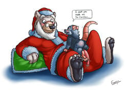 anthro ass balls barefoot bear beard big_penis blush bottomless chipp christmas clothed clothing duo emenius eye_contact eyewear facial_hair glasses half-dressed hat holidays lying male mammal on_back on_lap on_top penis penis_backwards precum raised_tail rat rear_view reclining rodent santa_claus santa_hat seductive signature size_difference stare tenting whiskers yaoi