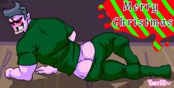 1boys artist_name ass ass_crack back_view biceps blush blushing butt_crack christmas daddy daddy_dearest demon dilf embarrassed fnf friday_night_funkin gay gay_male glowing_eyes grey_hair hair humanoid looking_back male male_only mature_male mooning muscles muscular muscular_male pants pants_down presenting presenting_ass purple_skin shirt solo solo_male stubble teeth text twitter video_games yaoi yartgo