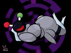 animal_humanoid antennae_(anatomy) areola arthropod arthropod_humanoid artist_name balls belly big_areola big_balls big_breasts big_penis black_antoid breasts digital_media_(artwork) earthbound_(series) eyeless genitals gynomorph huge_breasts huge_cock humanoid humanoid_genitalia humanoid_penis intersex lying nintendo nipples on_side pattern_background penis pincoosh pixel_(artwork) raised_leg reference_image simple_background smile solo text wide_hips